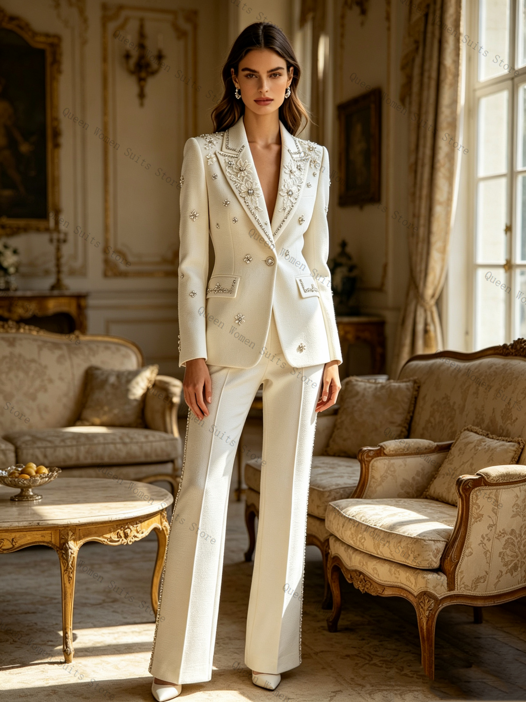 Women'S Formal Wear Pants Suit - White Crystals Women Suit Set 2