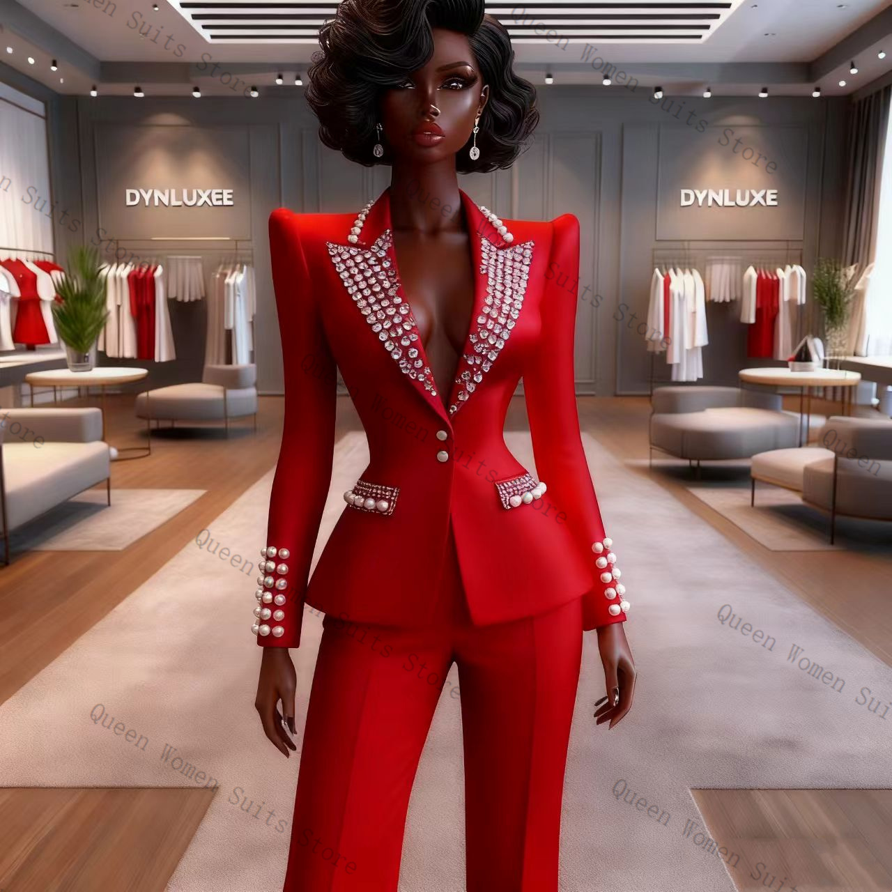 Women'S Formal Wear For A Wedding - Pearls Red Women Suit Pants Set