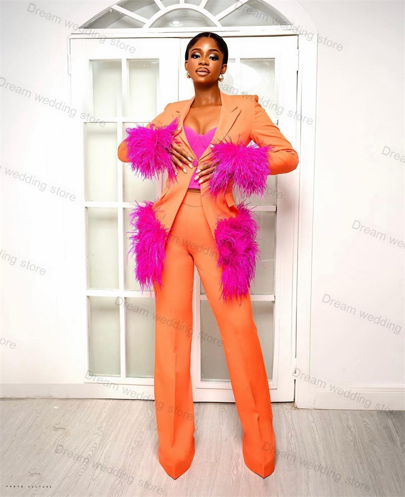 Women'S Formal Wear For A Wedding - Ostrich Feather Orange Women Suits Pants