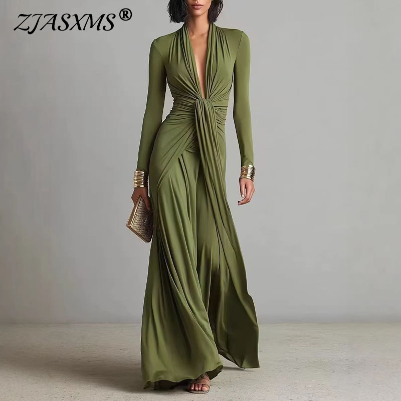 Wrap Dress Work - Women's Elegant Deep V Neck Maxi