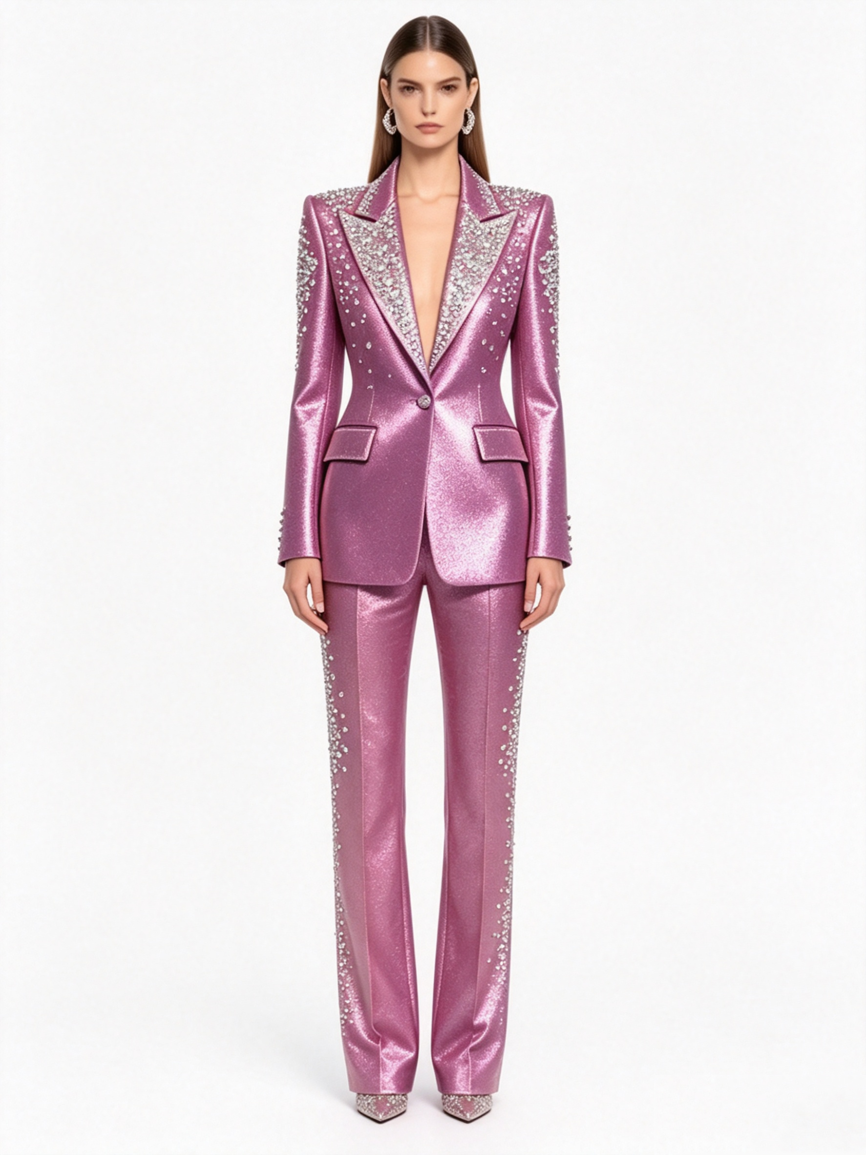 Women Luxury Formal Wear - Luxury Crystals Pink Satin Women Suit