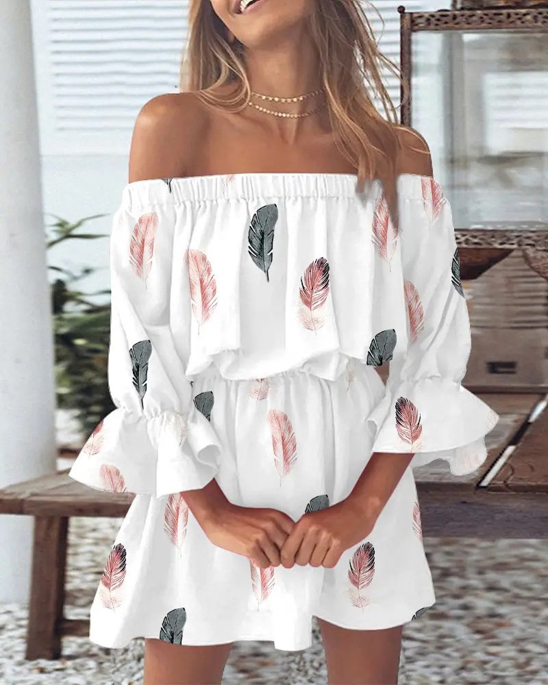 Wrap Dress Work - Feather Print Off The Shoulder Ruffle