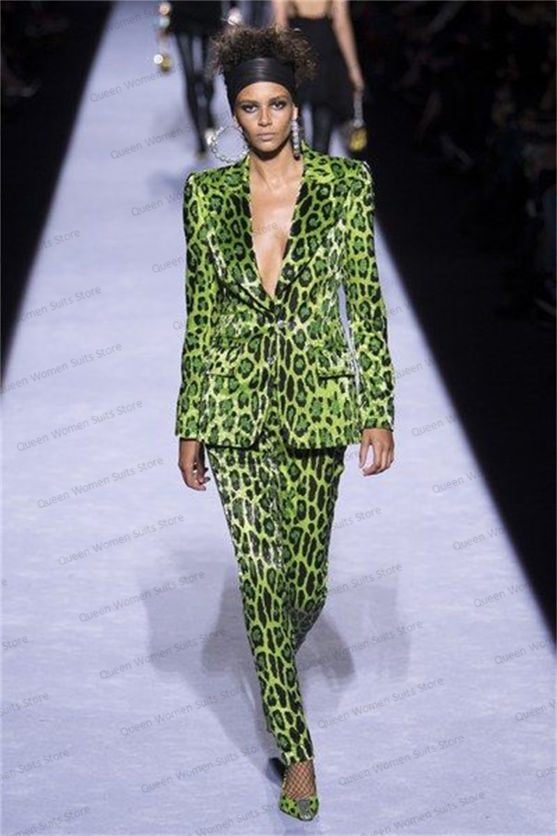 Sequins Leopard Women Suit Set - Women'S Green Formal Wear ulasan dan harga