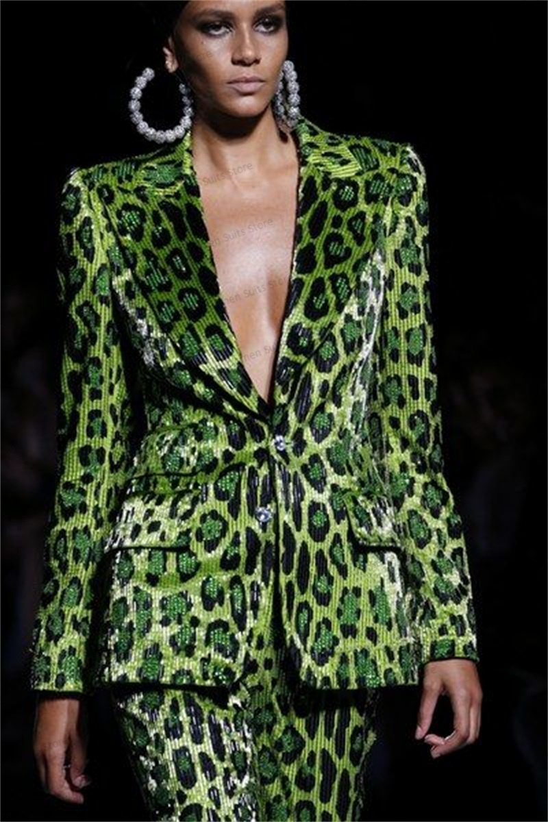 Sequins Leopard Women Suit Set - Women'S Green Formal Wear ulasan dan harga