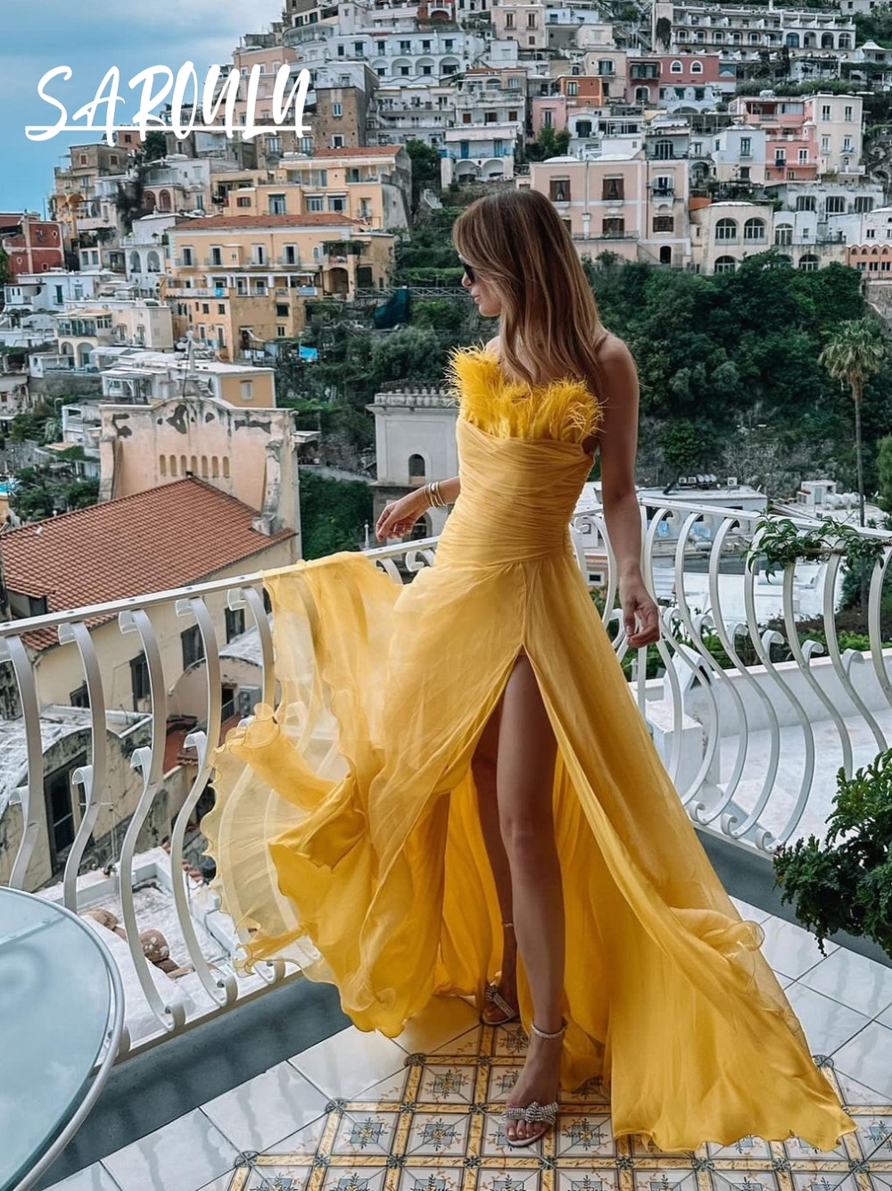 Vibrant Yellow Feather Straple - Women'S Formal Resort Wear ulasan dan harga