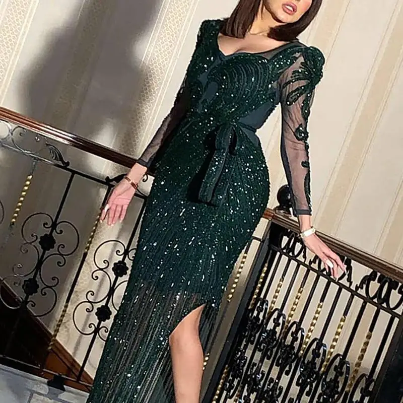 2026 New Fashion V-neck Sparkl - Women'S Green Formal Wear ulasan dan harga