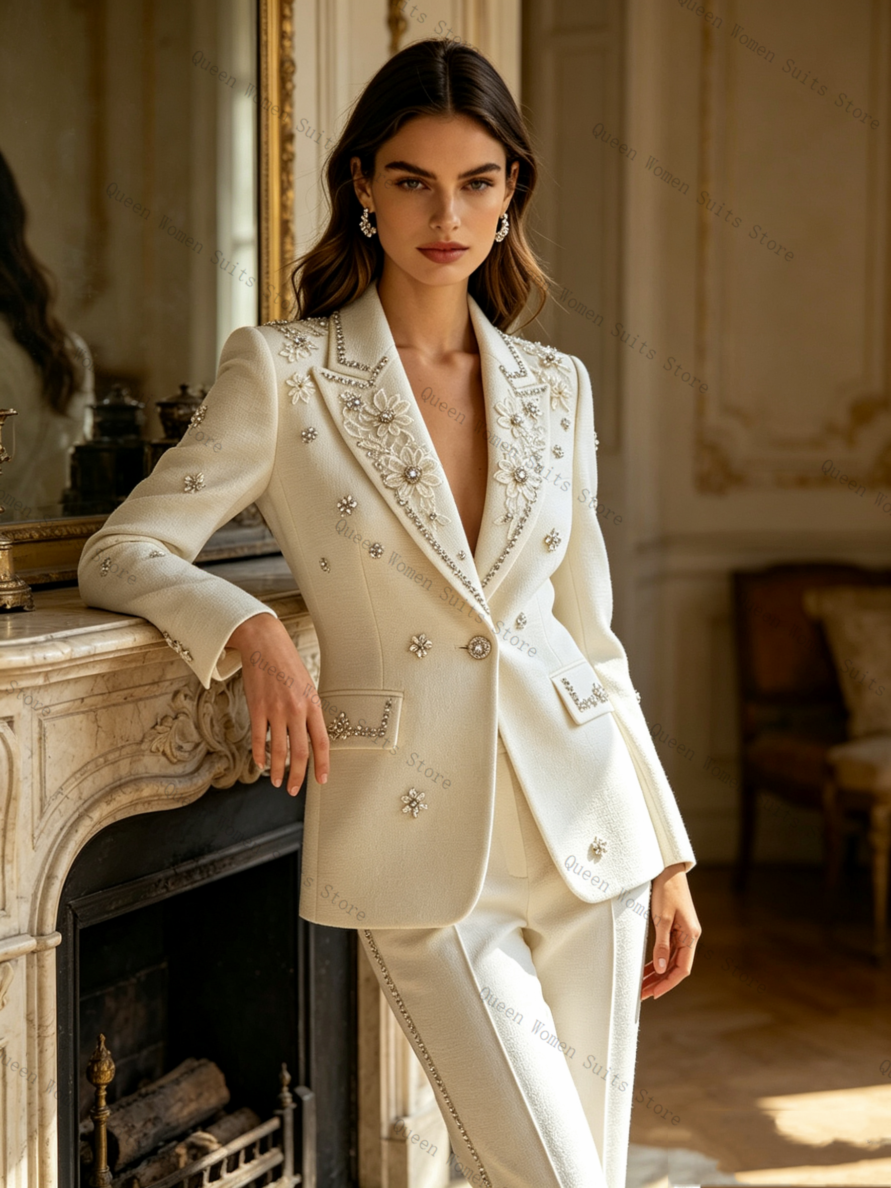 White Crystals Women Suit Set  - Women'S Formal Wear Pants Suit ulasan dan harga