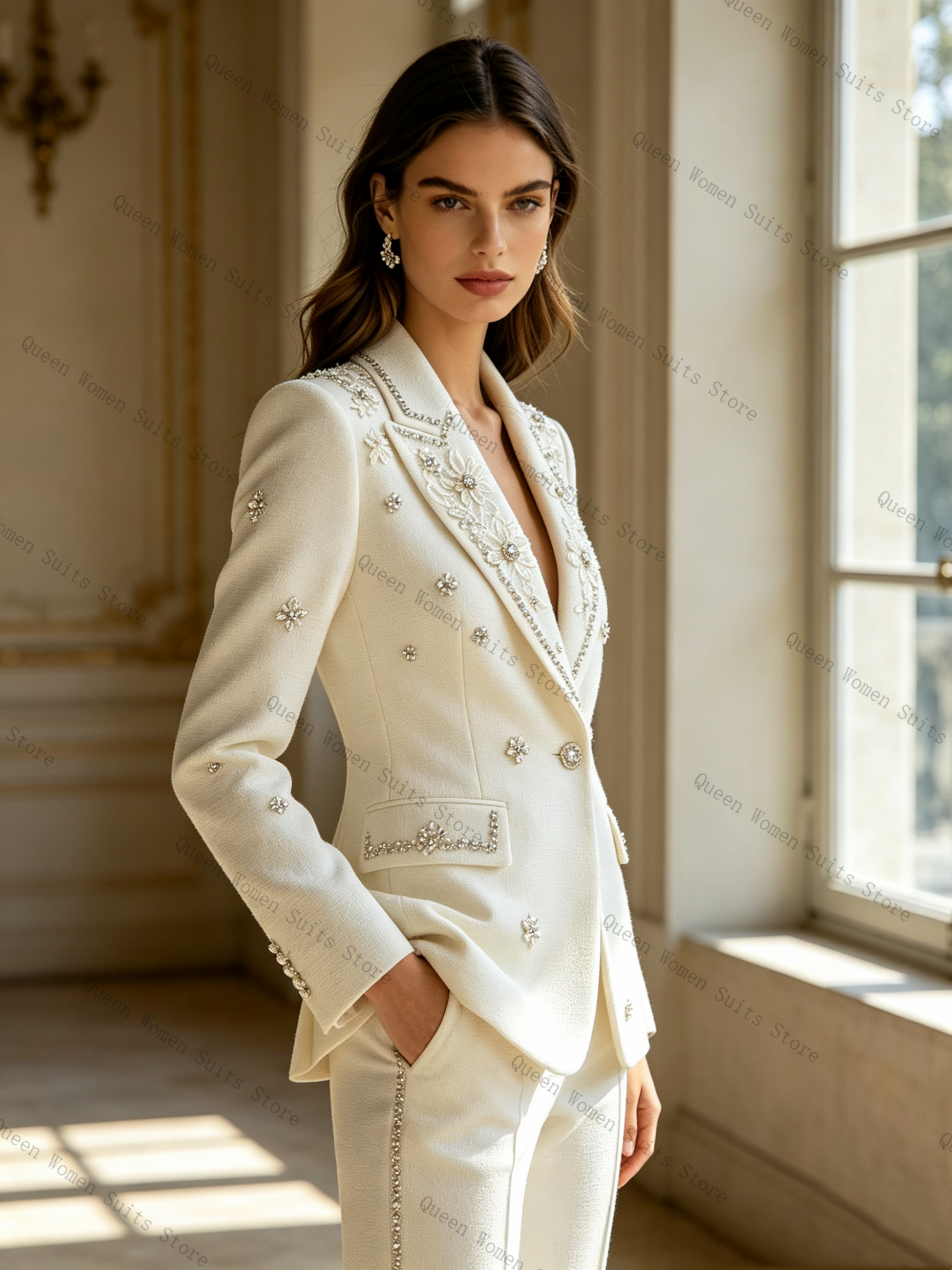 White Crystals Women Suit Set  - Women'S Formal Wear Pants Suit ulasan dan harga