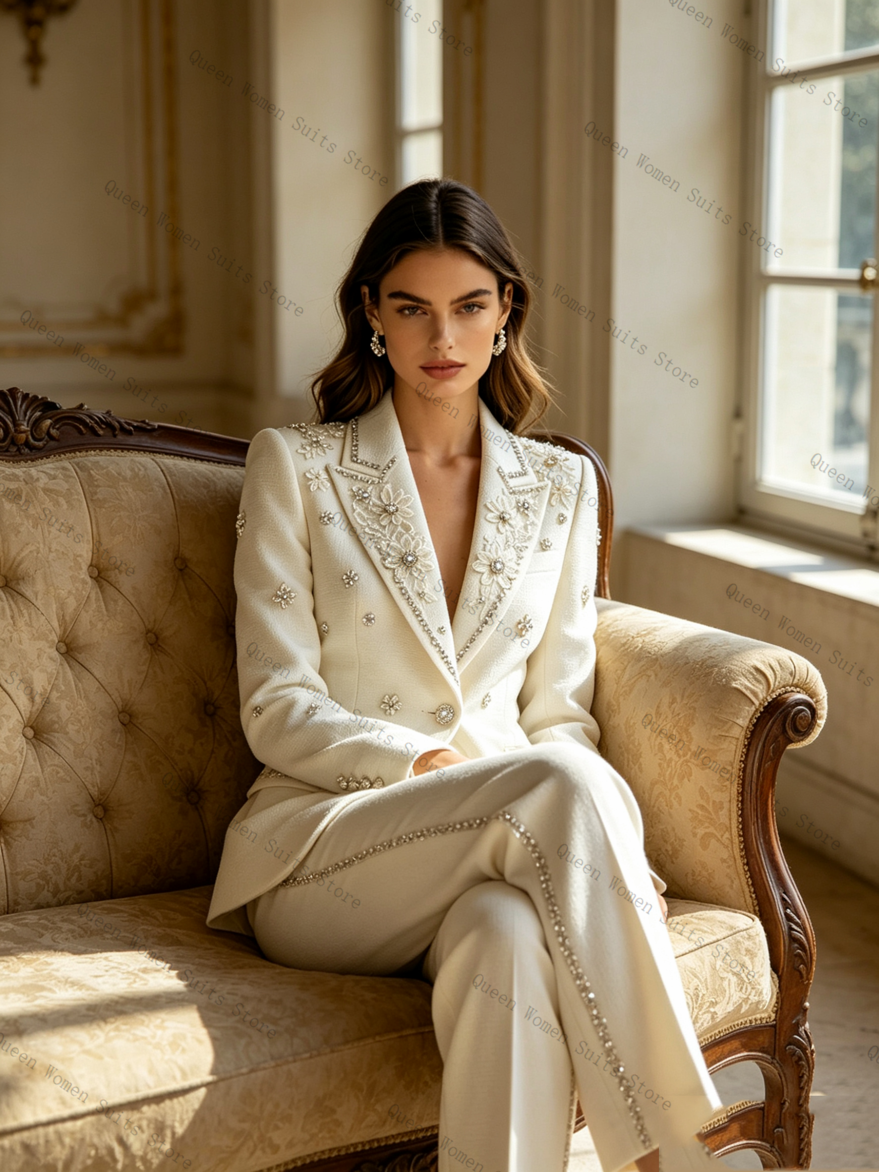 White Crystals Women Suit Set  - Women'S Formal Wear Pants Suit ulasan dan harga