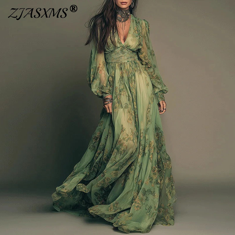 Elegant Green Floral Print Chi - Women'S Green Formal Wear ulasan dan harga
