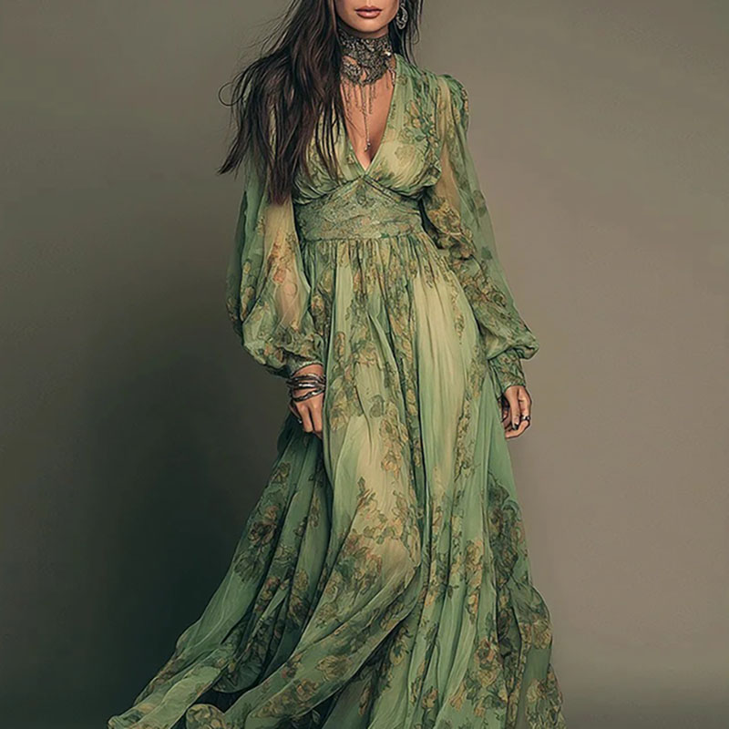 Elegant Green Floral Print Chi - Women'S Green Formal Wear ulasan dan harga