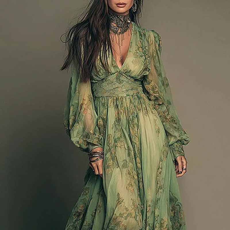 Elegant Green Floral Print Chi - Women'S Green Formal Wear ulasan dan harga