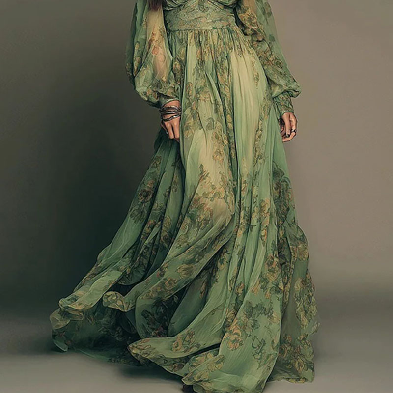 Elegant Green Floral Print Chi - Women'S Green Formal Wear ulasan dan harga
