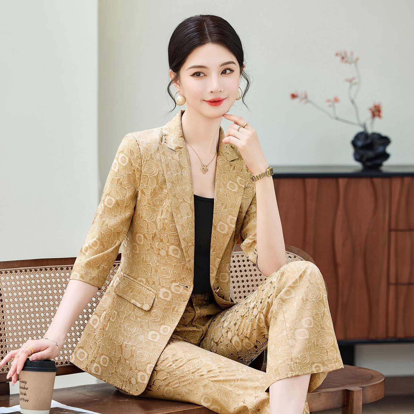 Fashion Apricot Half Sleeve Pr - Women'S Formal Wear Pants Suit ulasan dan harga