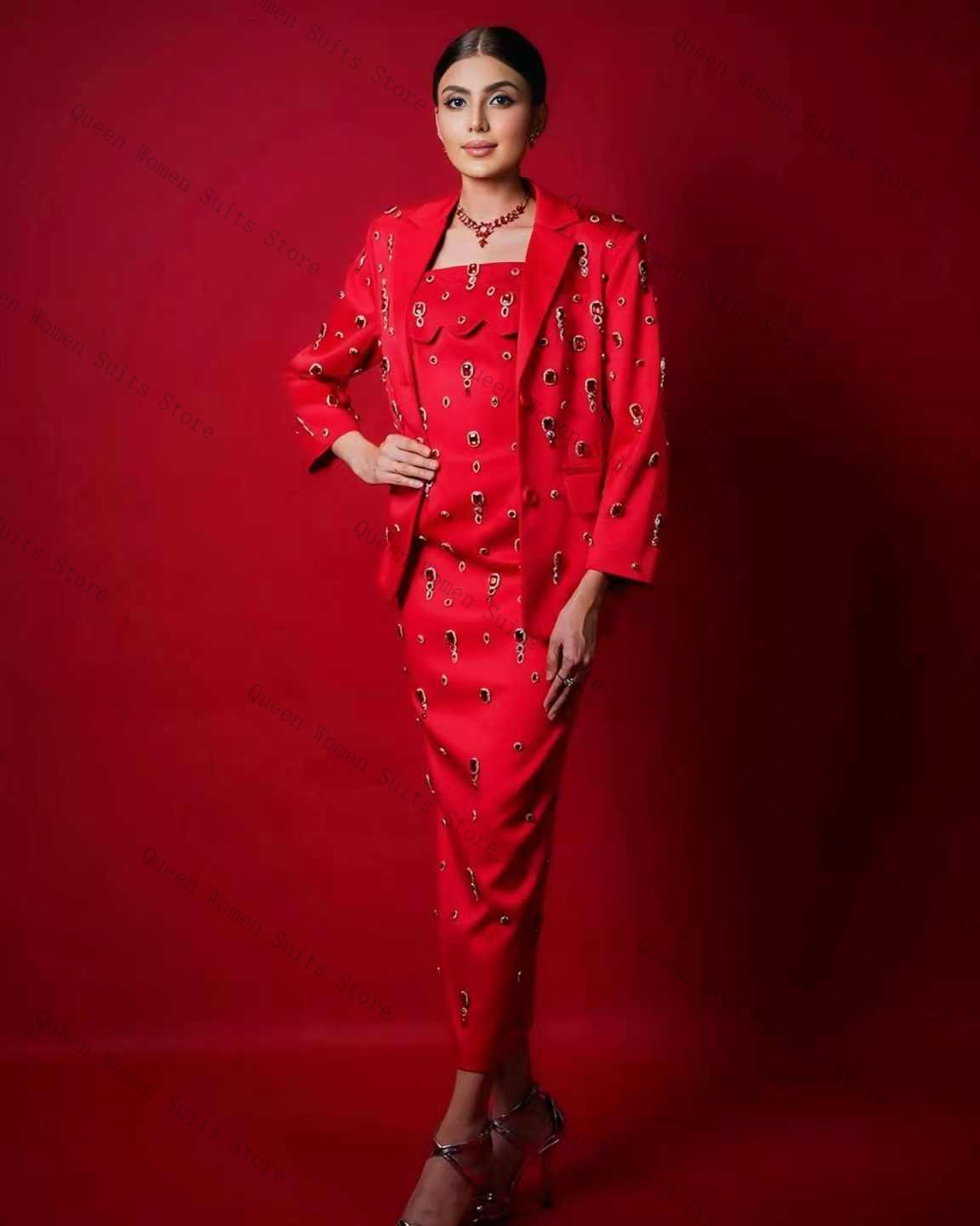 Luxury Red Crystals Women Suit - Women Luxury Formal Wear ulasan dan harga