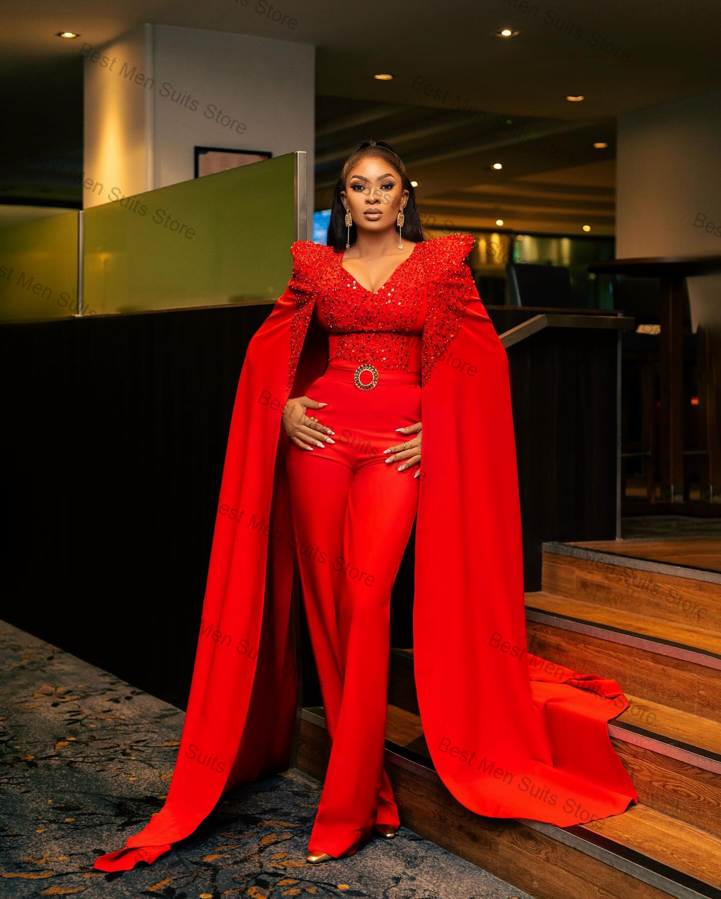 Luxury Red Wrap Women Suit Set - Wrap Dress Work ulasan dan harga