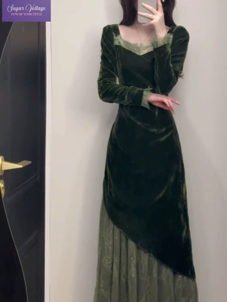 French Vintage Elegant Velvet  - Women'S Green Formal Wear ulasan dan harga