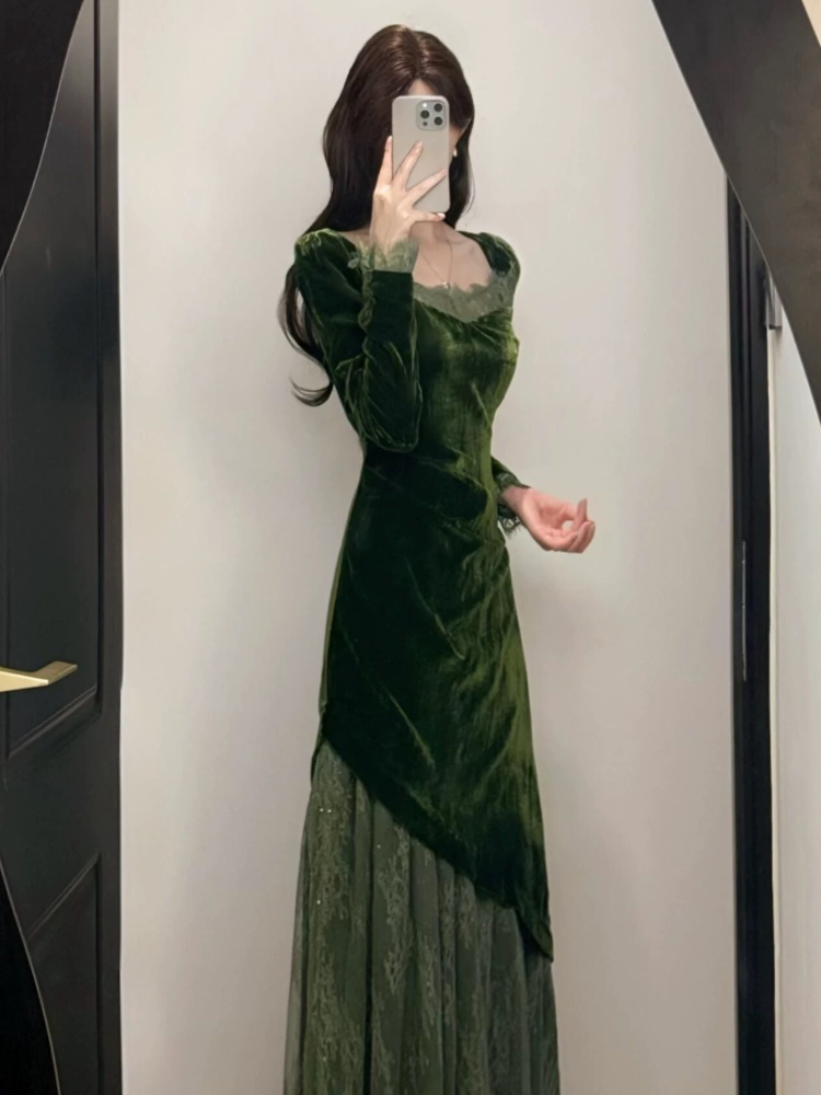 French Vintage Elegant Velvet  - Women'S Green Formal Wear ulasan dan harga