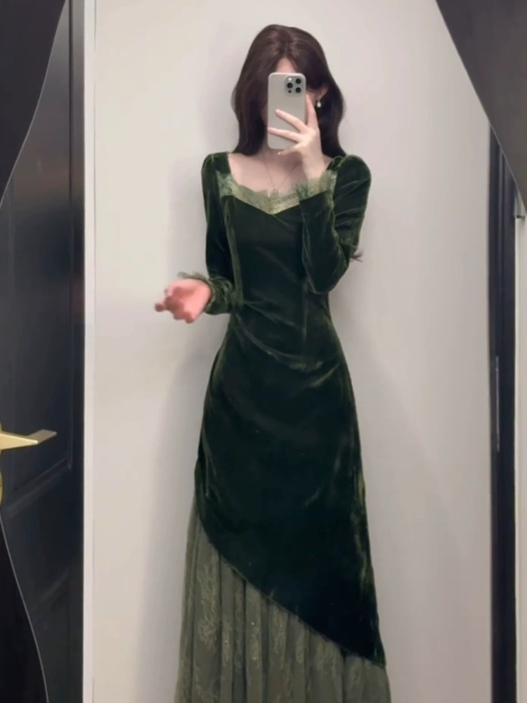 French Vintage Elegant Velvet  - Women'S Green Formal Wear ulasan dan harga