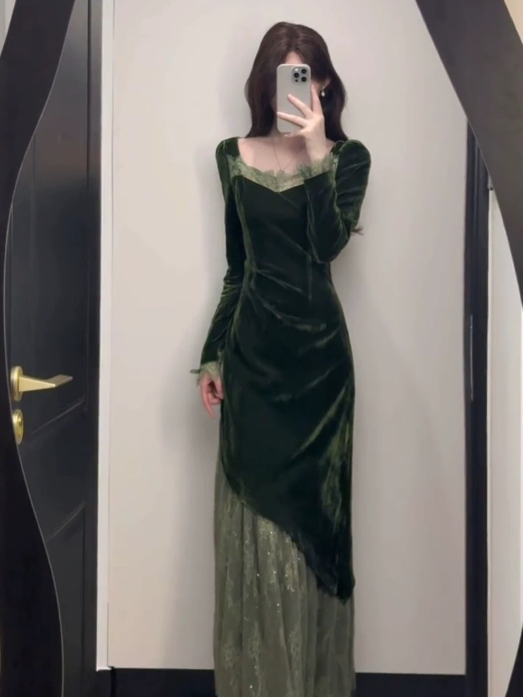 French Vintage Elegant Velvet  - Women'S Green Formal Wear ulasan dan harga